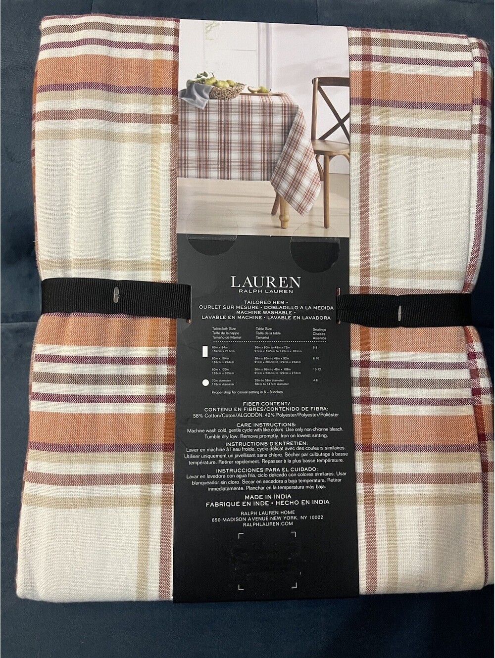 RALPH LAUREN Tablecloth 60x84 Orange Tartan Plaid Autumn Fall Cotton Oblong NIP - Picture 6 of 8